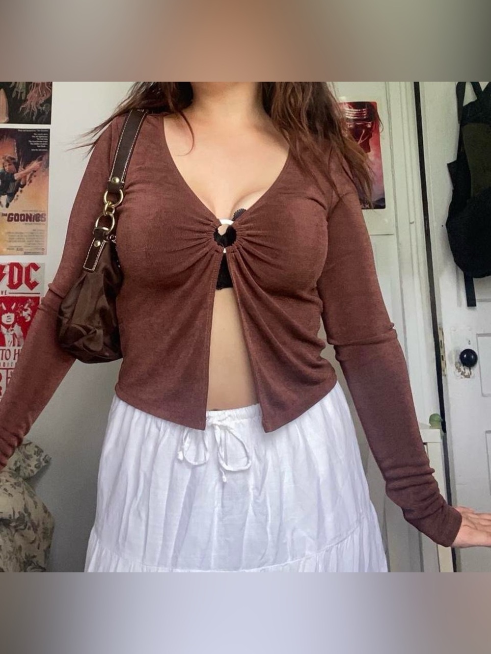 Garage Brown Long-Sleeve V-Neck Keyhole Top with opening
